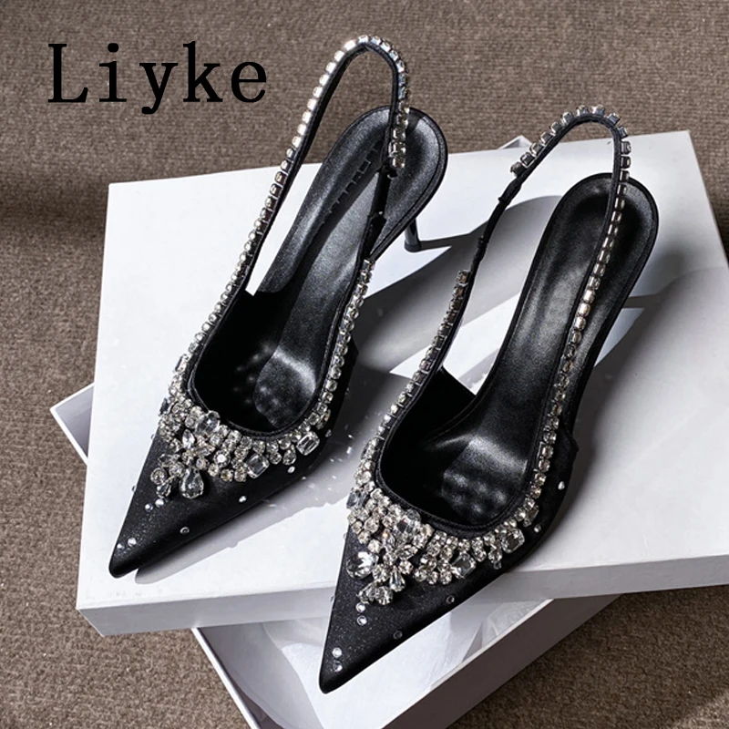 

Liyke/2026, новые модные женские туфли-лодочки с блестками и стразами, сандалии из шелка с кристаллами и острым носком, туфли на высоком каблуке с открытой пяткой для вечеринки и выпускного вечера