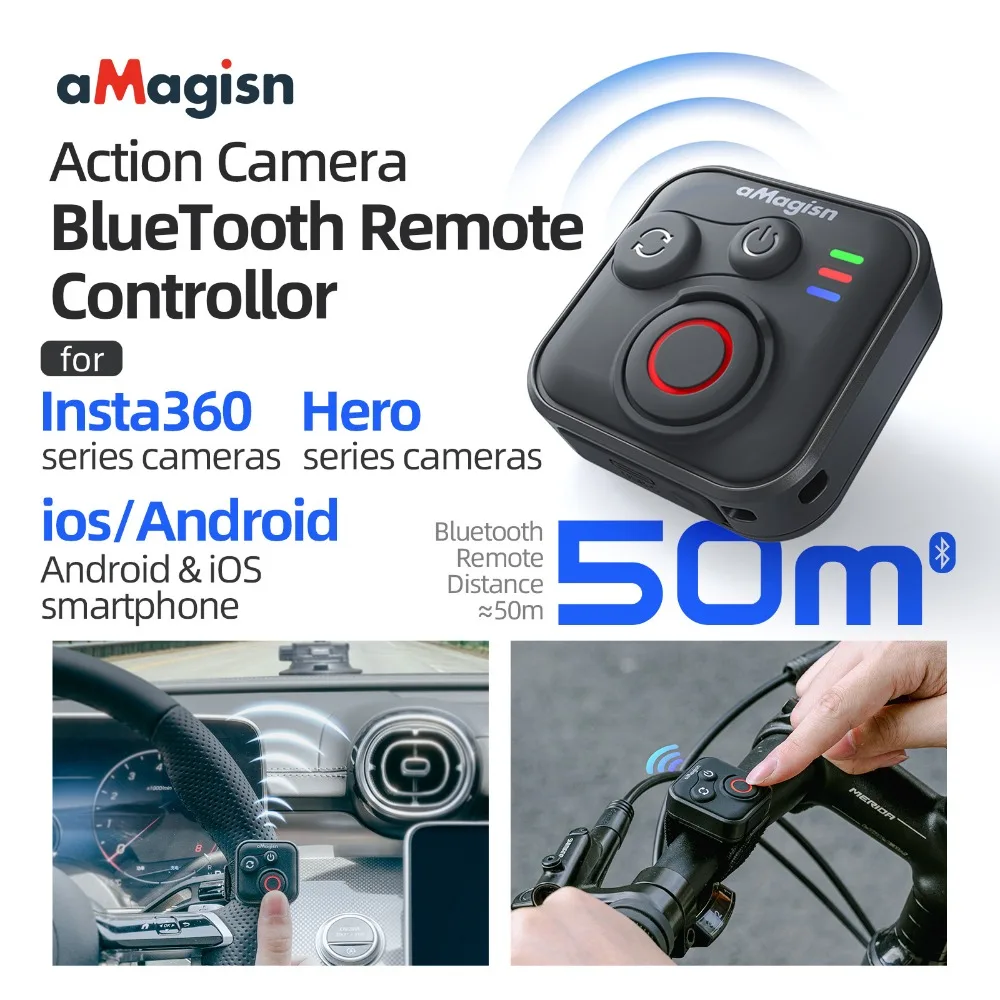 aMagisn 50M Bluetooth Remote Control for Insta360 X5 / X4 Air / Ace Pro 2 Gopro Hero 13 Camera iOS Android Shutter Controller