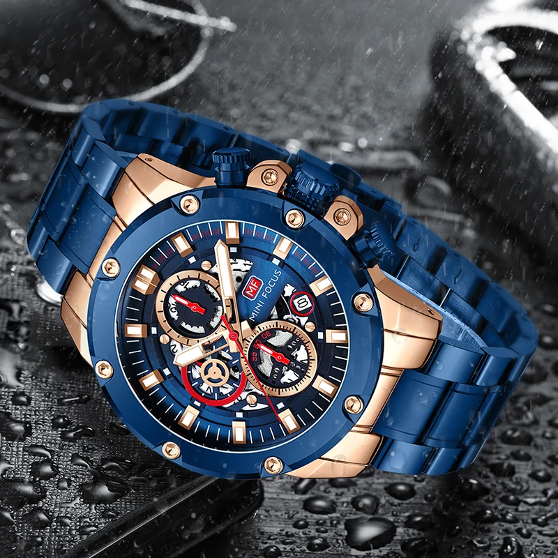 MINI FOCUS MF0398G Sports Fashion Watches Men Chronograph Waterproof Blue Stainless Steel Band Quartz Watch