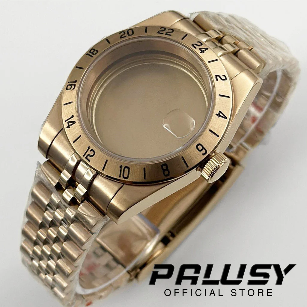 로즈 골드 익스플로러 사파이어 글래스 시계 케이스, GMT 고정 베젤 솔리드 글라이드 잠금 걸쇠, ETA2824 케이스, 24 시간, 39mm, NH34, NH35, NH36