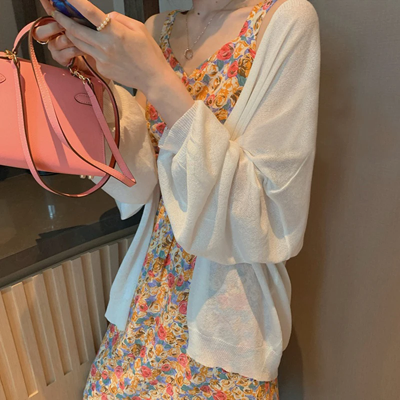 

Женский тонкий вязаный кардиган из ледяного шелка, повседневный, с V-образным вырезом, длинными рукавами, защитой от УФ-излучения, для ношения поверх платья на бретельках