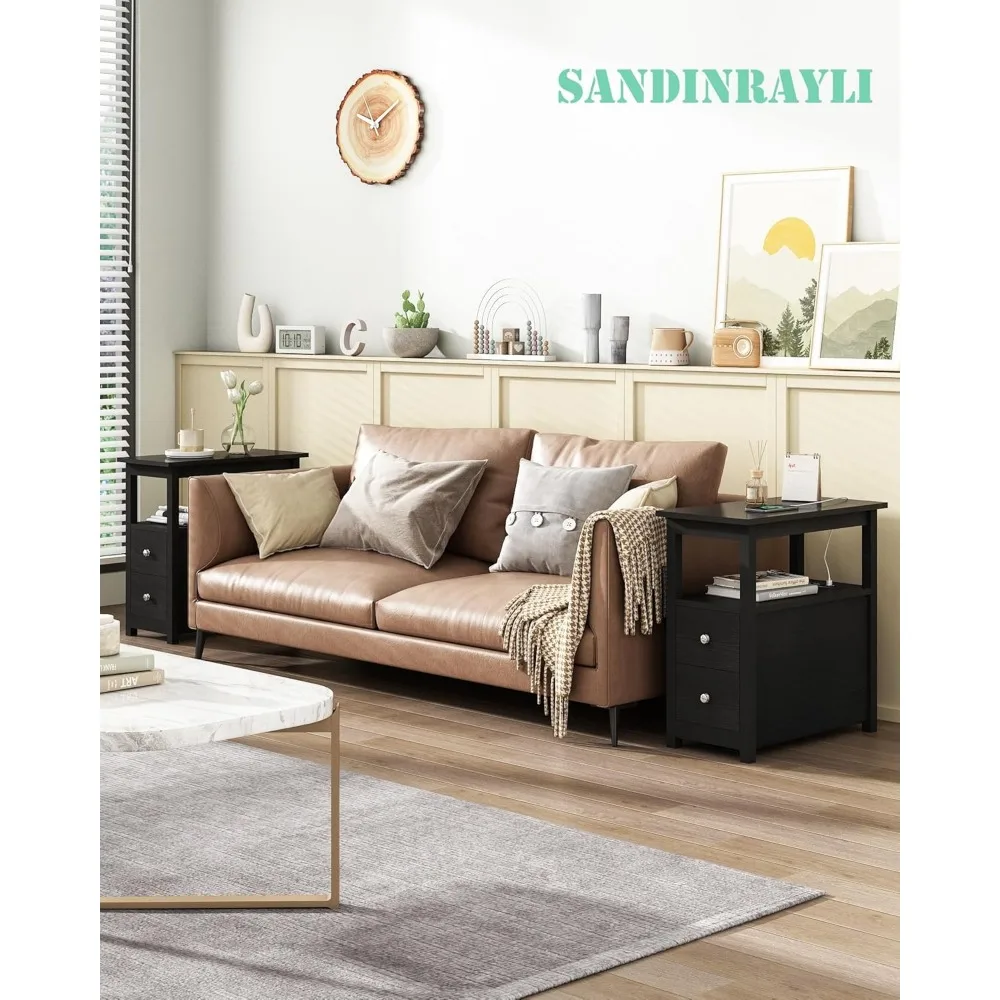 طقم طاولة جانبية للسرير من Sandinrayli مكون من قطعتين، طاولة نهائية سوداء لغرفة المعيشة، طاولات جانبية مع قاعدة شحن، منضدة مع 2 USB Po