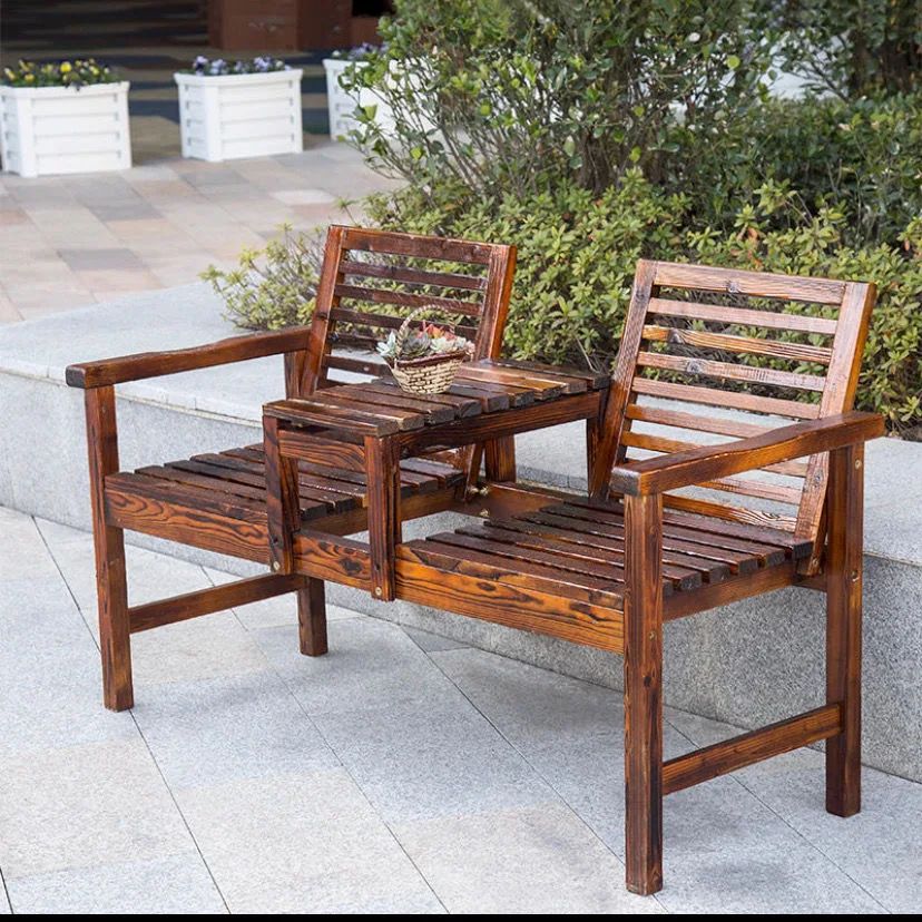 Outdoor courtyard double backrest chair anticorrosive wooden table and chair carbonized solid wood tea table bench balcony chair