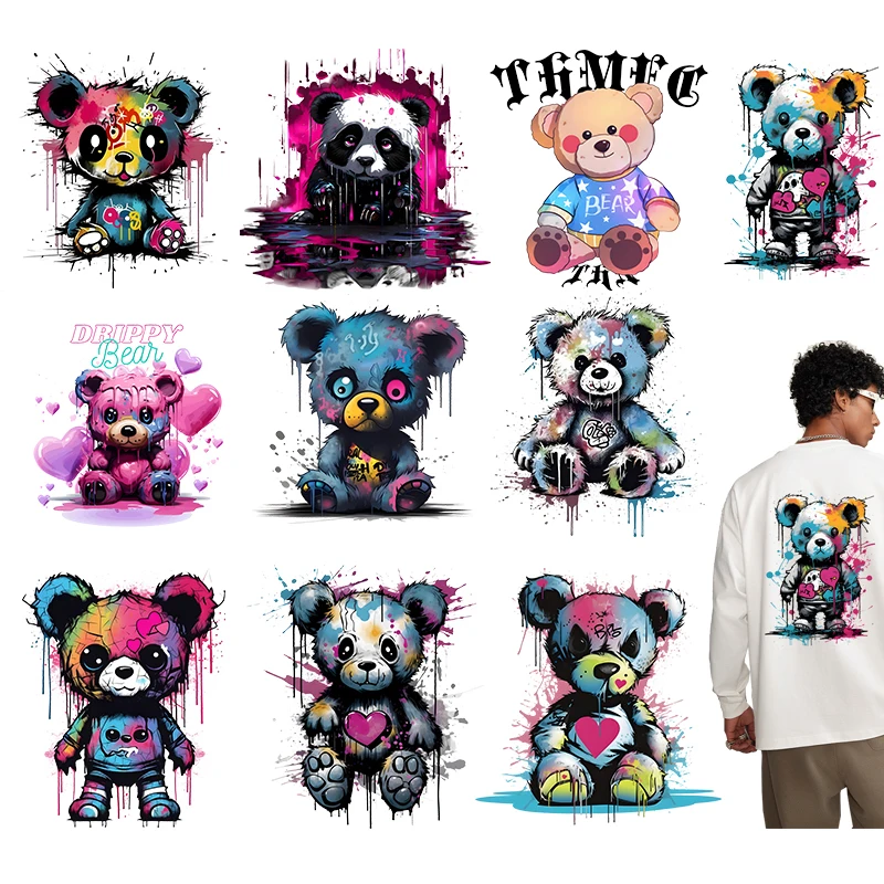 18CM graffiti style teddy bear heat transfer T-shirt hoodie Iron on sticker DIY boys and girls clothing decoration stripe print