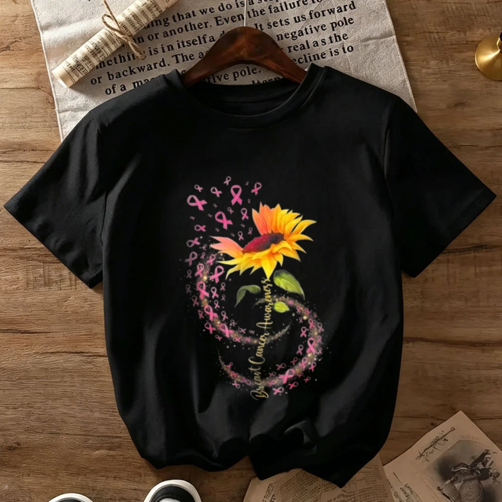 Sunflower Pink Ribbon Peace Symbol Graphic Print Cotton T‑Shirt Breast Cancer Awareness Inspirational Casual Ladies Daily Tops