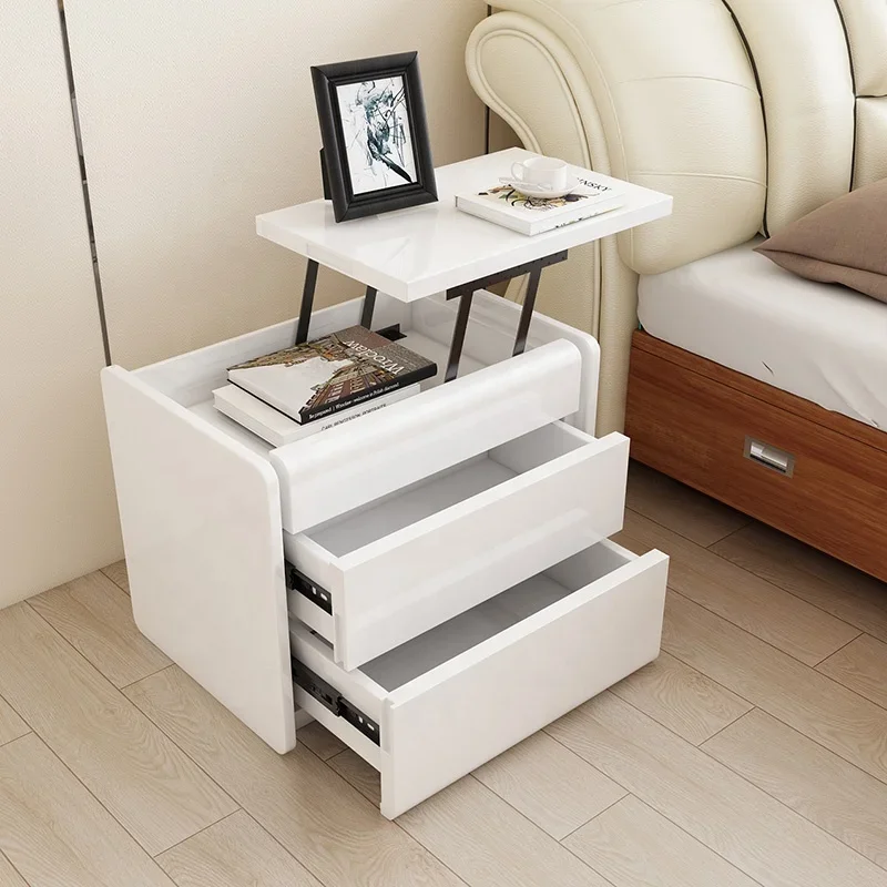 Jasiway modern furniture design MDF bedside table two drawers lifting luxury white night stand