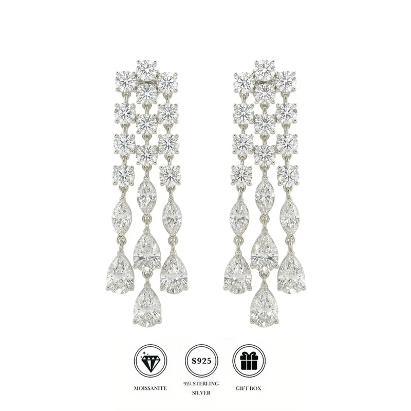 Long Moissanite Drop Earrings, Rhodium Plated S925 Silver, Pear & Round Cut, Micro Pave, 81mm