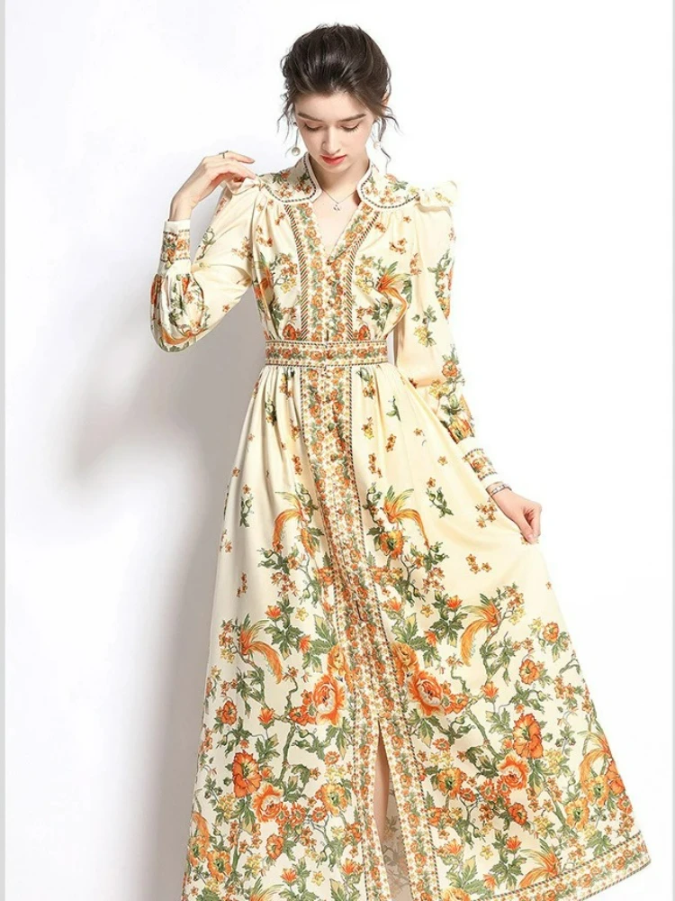 Women's Dress Palace Retro Printing Spring Autumn Winter Long Sleeve Elegant Dresses Single Breasted A-Line Shirts Vestidos Robe