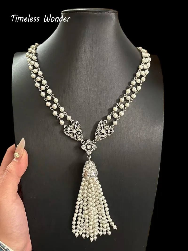Timeless Wonder Fancy Zircon Geo Beaded Tassel Necklace for Women Designer Jewelry Runway Trendy Art Deco Vintage Sweet 4526