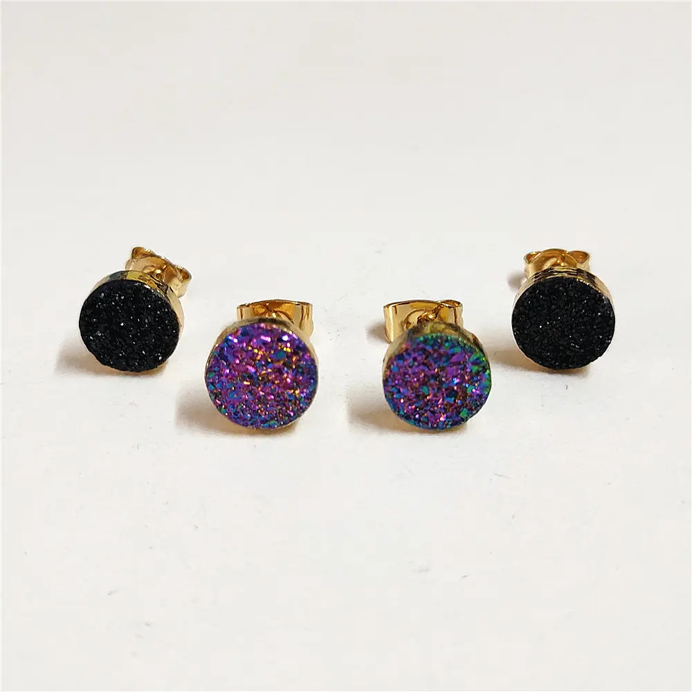 FUWO Natural Druzy Stud Earrings,Gold Color Plated Minimalist Design Aura Crystal Cluster Earrings Jewelry For Women ER035 5Pair