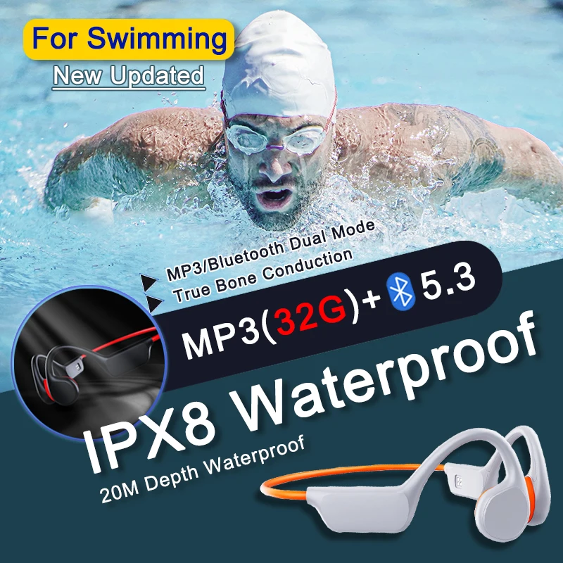 

New Bone Conduction Headphone IPX8 Waterproof Wireless Earphone MP3 Player Hifi Ear-hook Headset With 32G Memory For Swimming