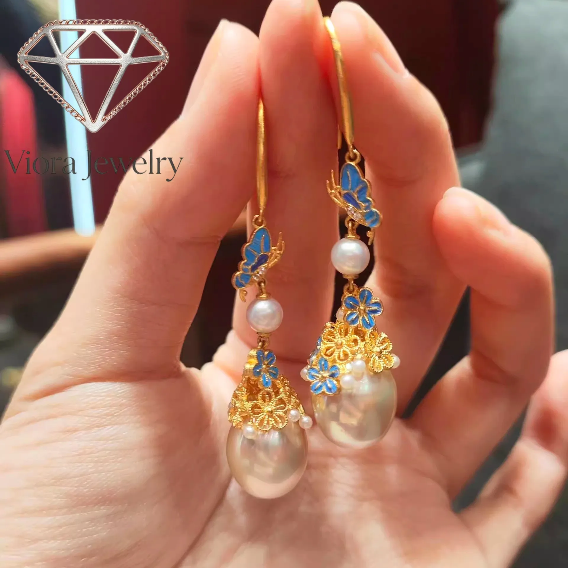 

Viora Jewelry New Chinese style Dot Cui filigree 9999 24K real gold inlaid pearl for women retro palace style tassel earrings
