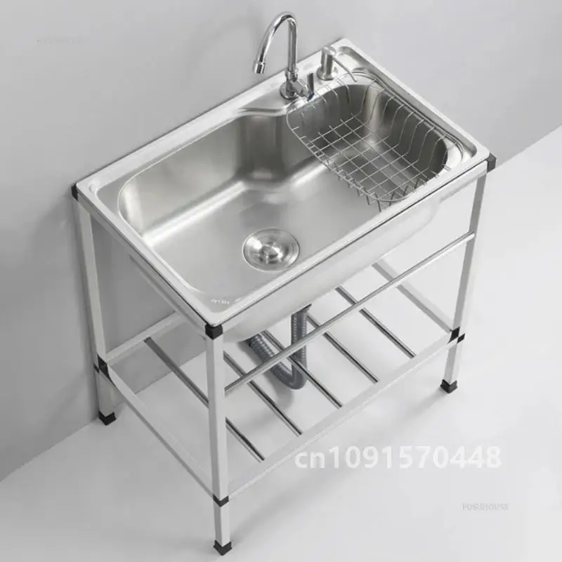 Thick Stainless Steel Kitchen Sinks with Bracket Multifunction Single Wash Basin Floor-standing Commercial Kitchen Washing Sinks