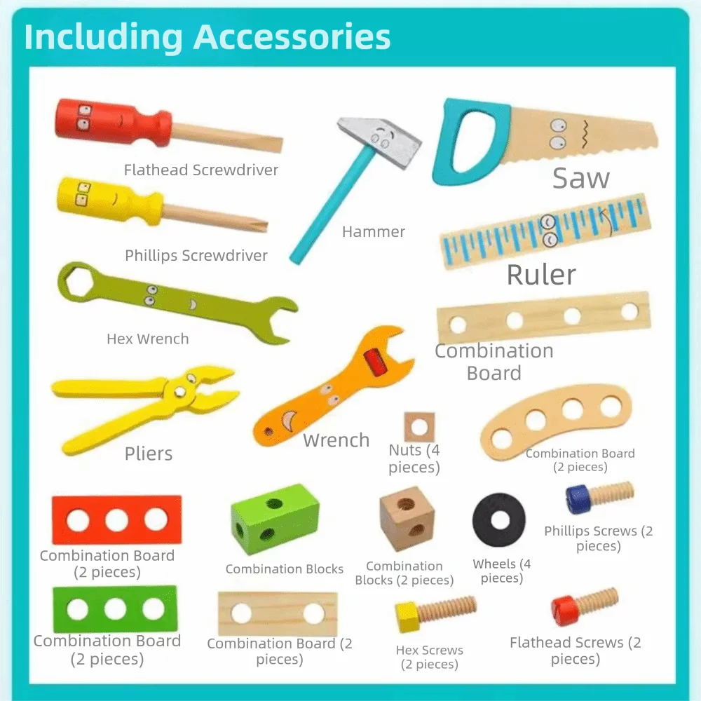 Kit de herramientas de piezas para niños, desmontaje de montaje de madera, juguetes educativos Montessori, combinación de tuercas, dibujos animados, 34 Uds.