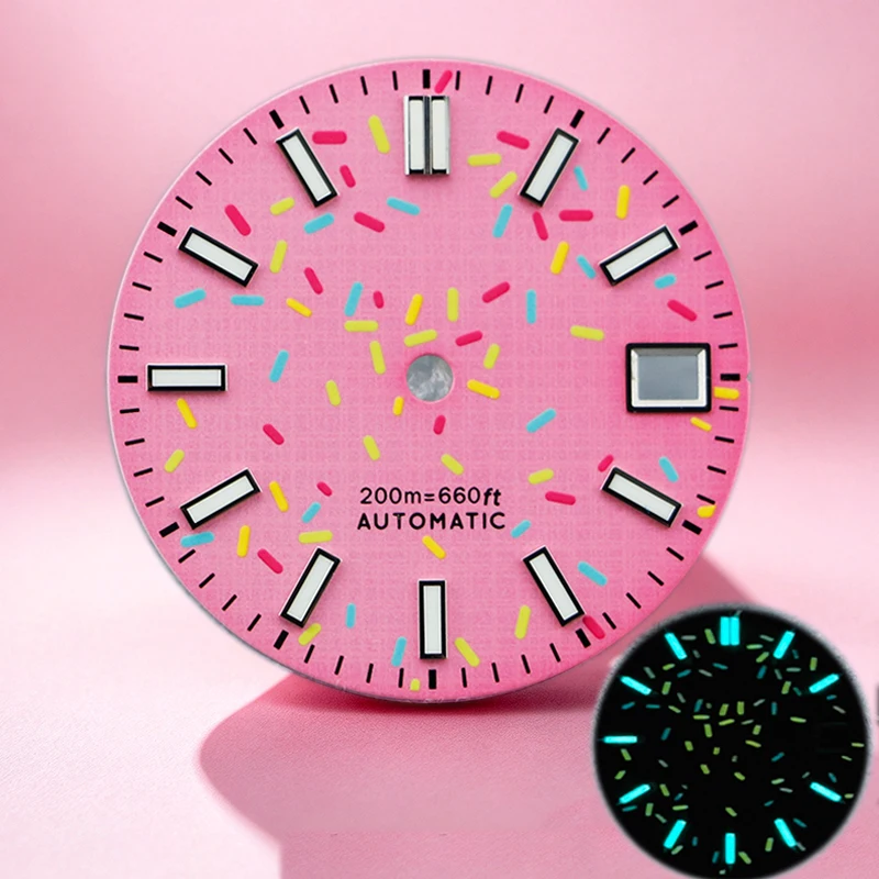 SEAGIS NH35Dial 28.5mm Color Luminous Bar Pink Dial Blue Luminous Index No Logo