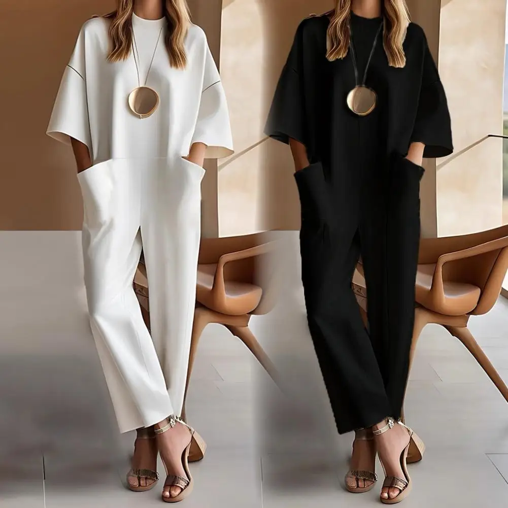 Women's Casual Jumpsuit Crew Neck Half Sleeve One Piece Overalls Wide Leg Long Pants Rompers with Pockets