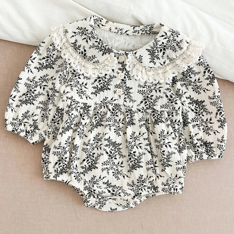 Baby Girl Floral Jumpsuit 0-24M Baby Jumpsuit Full Sleeve Lace Princess Romper Lapel Vintage Style Newborn Kids Casual Jumpsuit