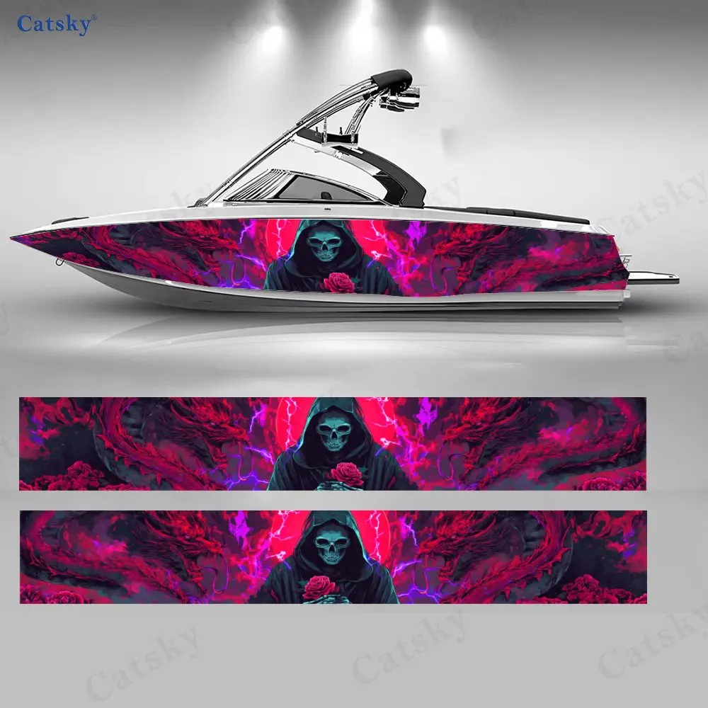 

2 шт. фиолетовых наклеек с изображением розы-пламени и жнеца для лодок, водонепроницаемые виниловые наклейки из ПВХ для рыболовных судов, прочные и стильные.