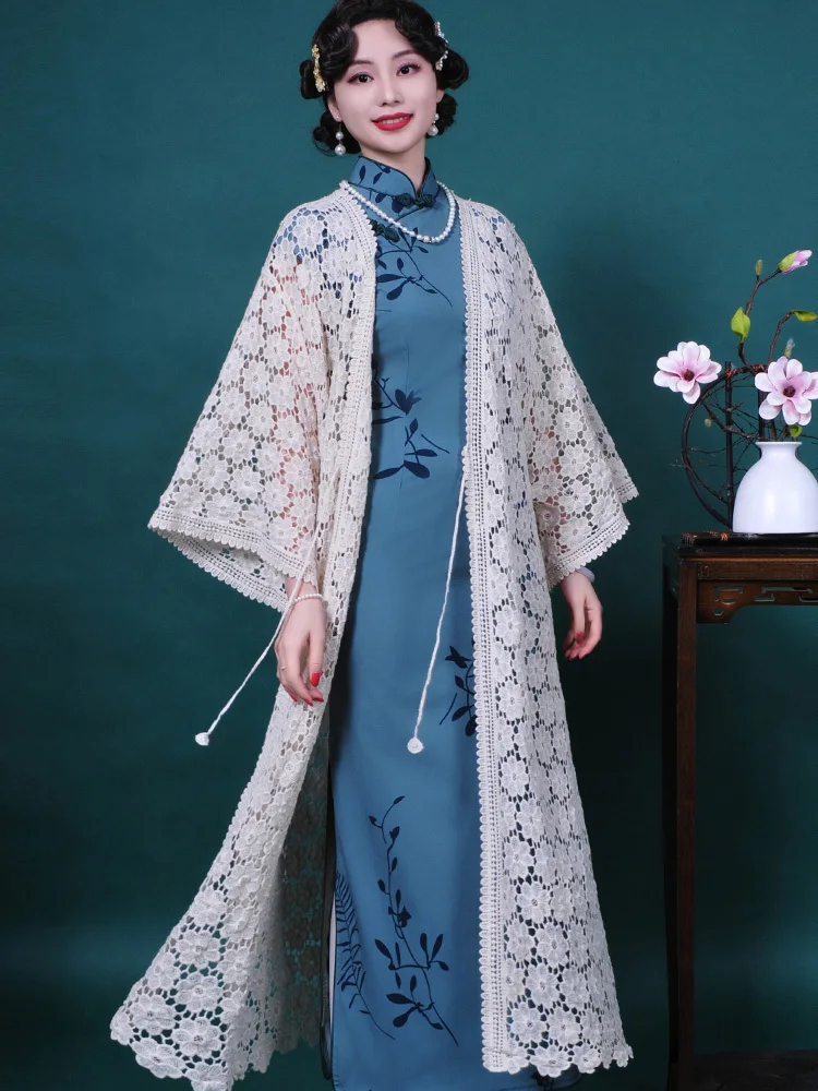 Summer Travel Long Shawl Sunscreen Top 2024 Hook Flower Hollow Qipao Outer Jacket Beach Coat Long Thin Knitwear Camisole Wraps