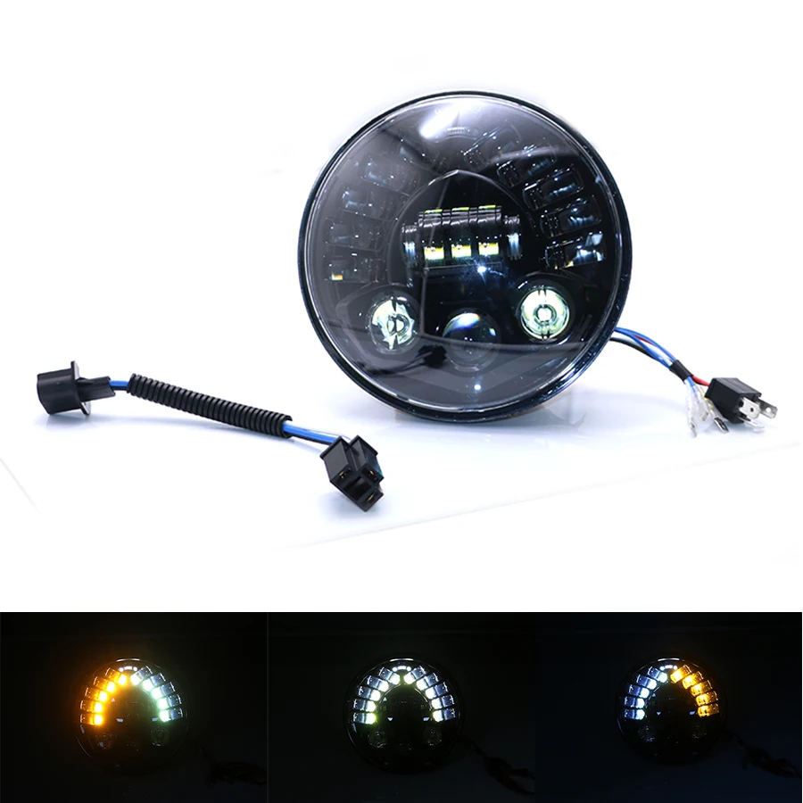 

7" Black Round Motorcycle LED Headlight With Hi/Lo Beam Projector Motor Headlamp 6000K DC 10-30V