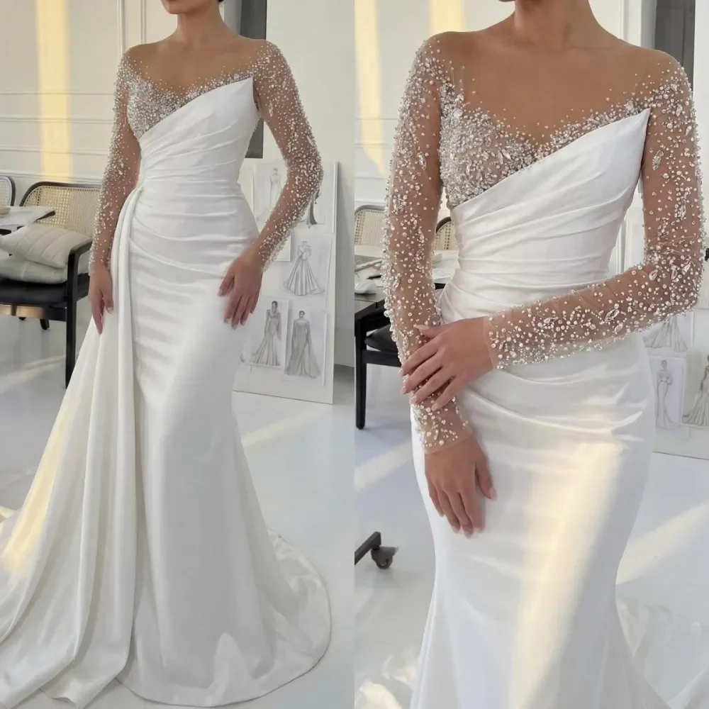 Customized Sheer Neck Sparkly Beads Crystals  Wedding Dress with Removable Skirt  Vestidos De Novia Long Sleeves   Bridal Gown
