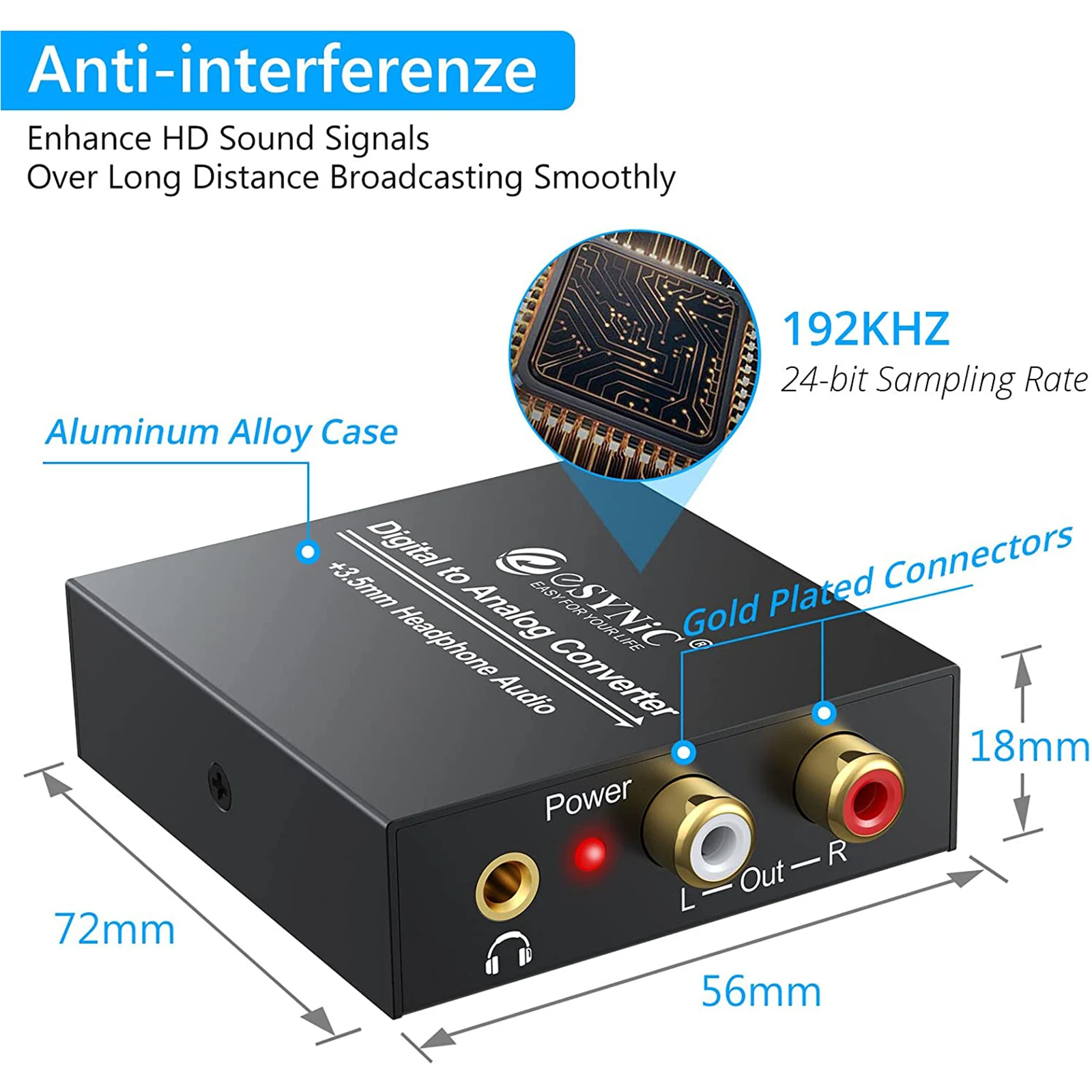 ESYNiC-Convertidor de Audio DAC Digital a analógico, dispositivo óptico SPDIF Coaxial a L/R RCA Toslink a Jack de 192mm con Cable óptico de 1m, 3,5 KHz