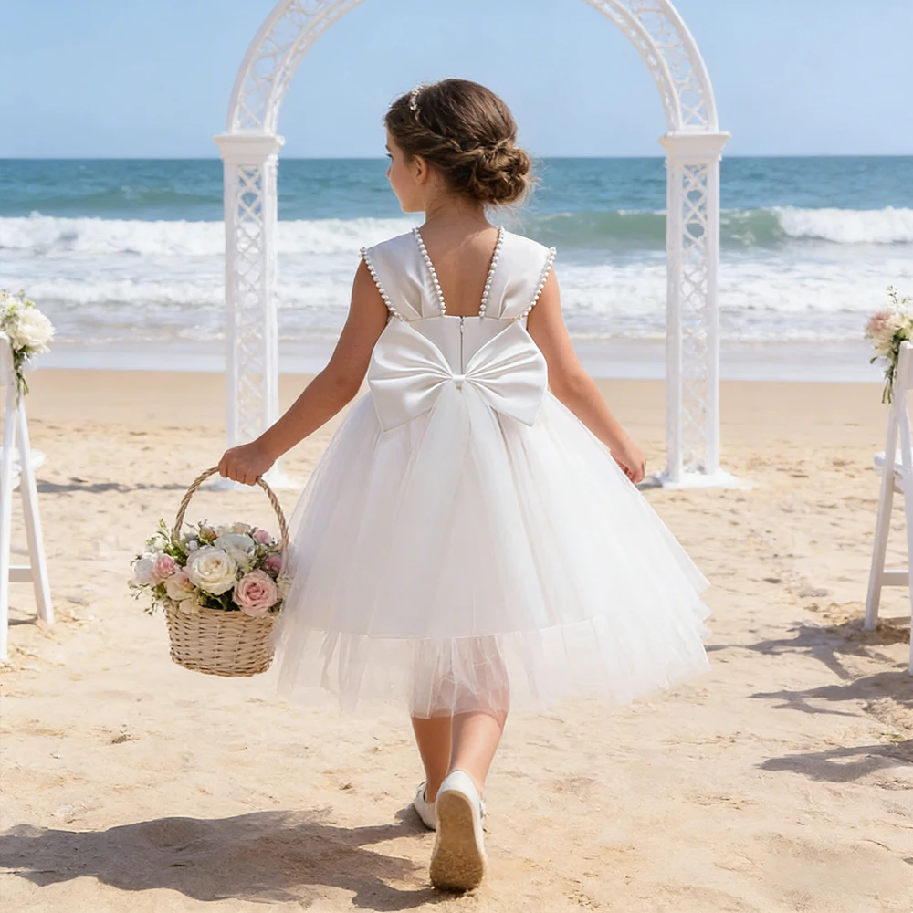 フラワーチャイルドドレス-結婚式用-ちょう結びチュールイ​​ブニングドレスガウン洗礼式白衣装子供女の子誕生日パーティードレス
