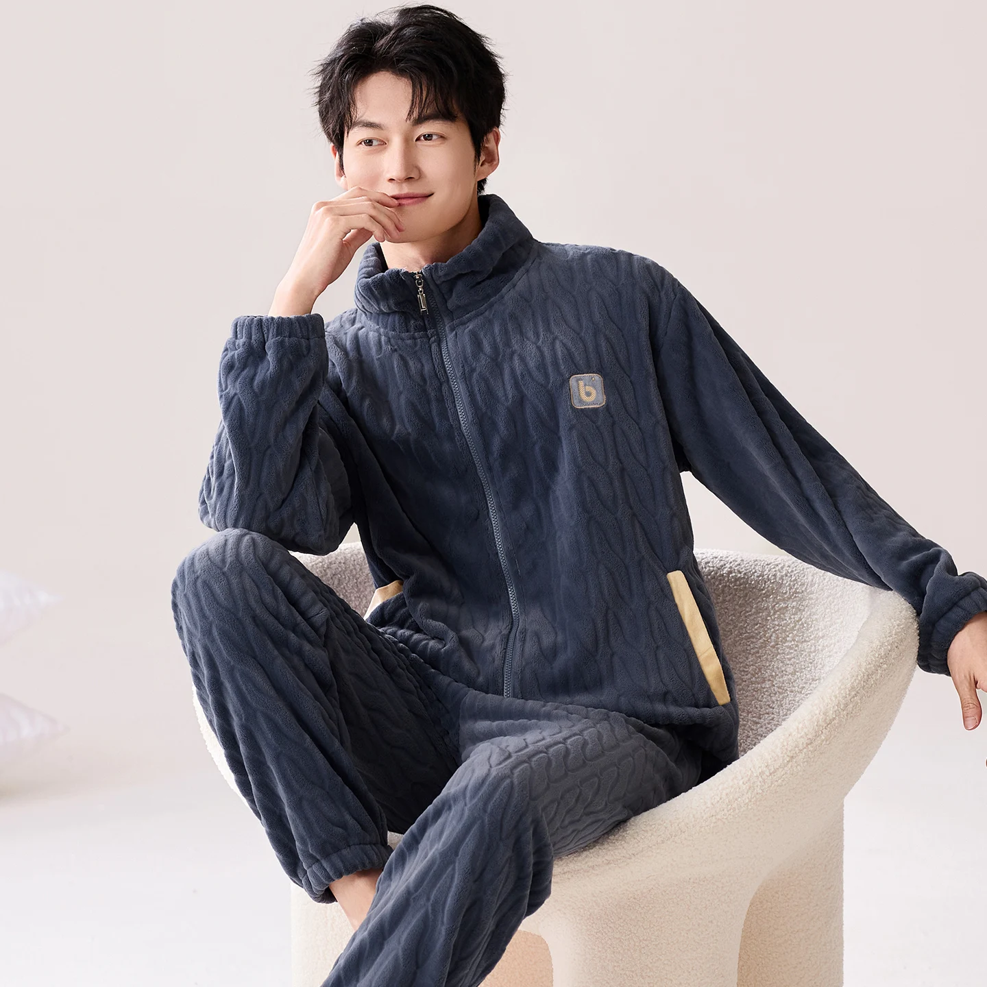 

Stand-Up Collar Tops+Pants 2PC Winter Coral Fleece Zipper Cardigan Suit Warm Men Pajama Set Thick Flannel Sleepwear Male Pijamas