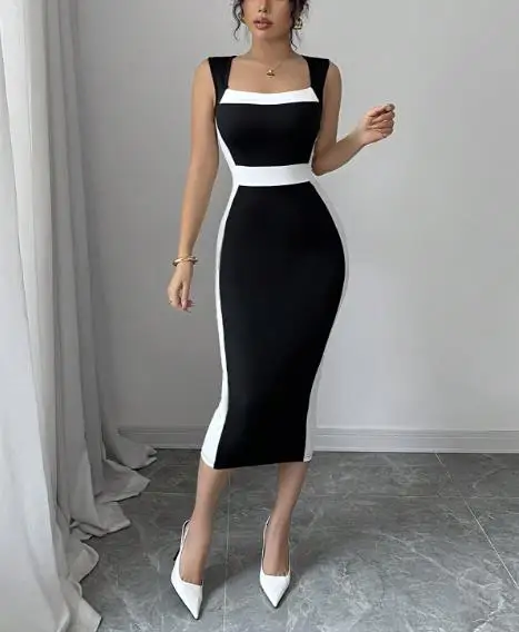 

Women's 2026 Summer New Imperial Sister Intellectual Style Dress Square Collar Strap Contrast Long Dress Sexy and Elegant Dress