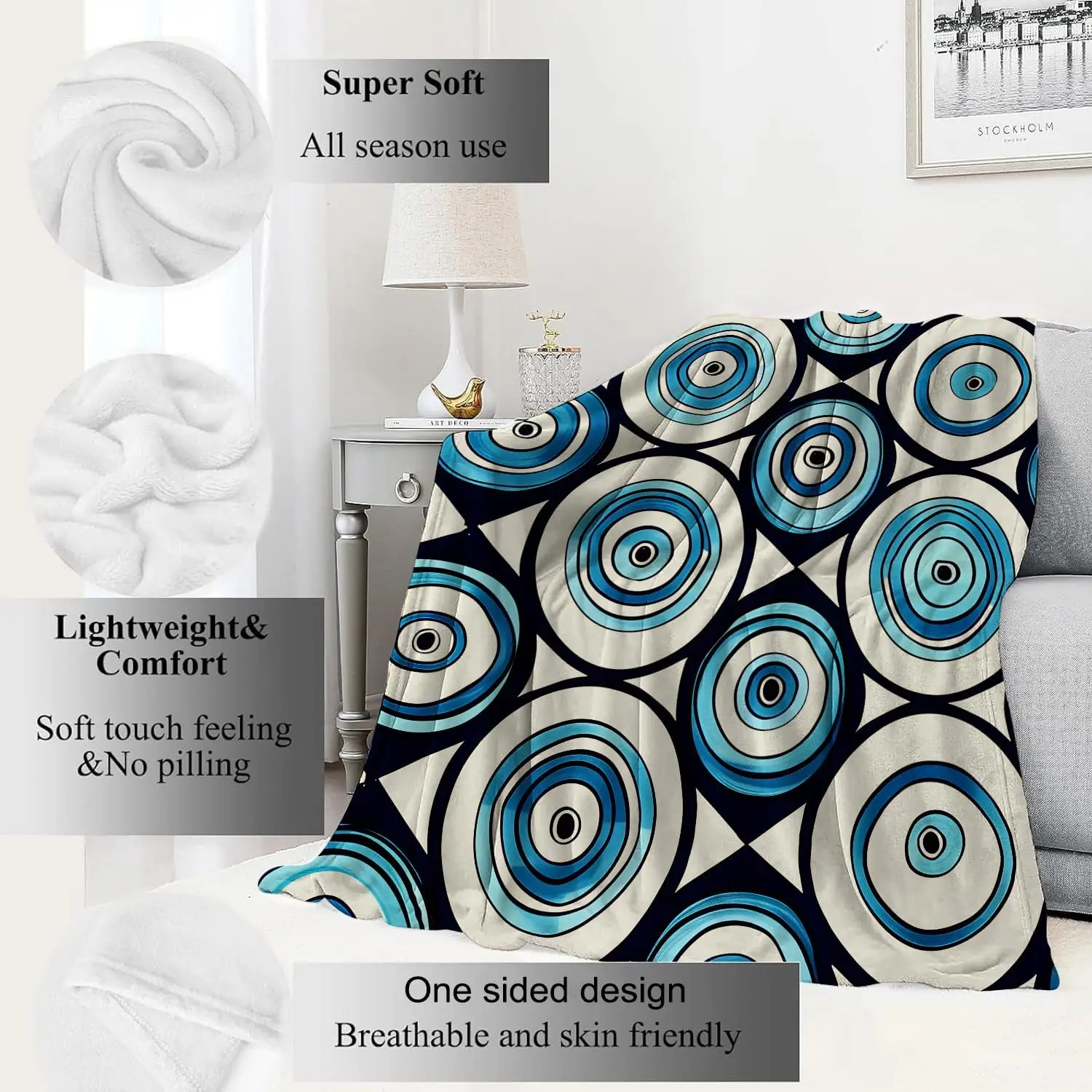 Turkish Evil Eye Blue Circular Triangle Repeat Geometric Print Warm Blanket For Bedroom Sofa Camping Home Leisure Household Use