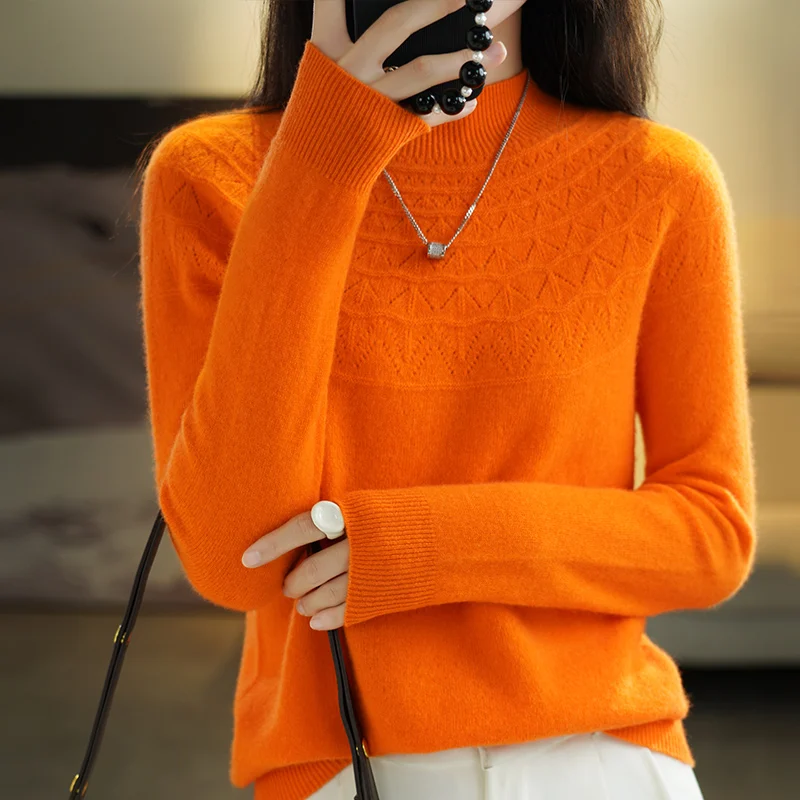 Autumn and winter 2022 hollowed out half high collar pullover 100% cardigan women\'s solid color casual long sleeve fashionable