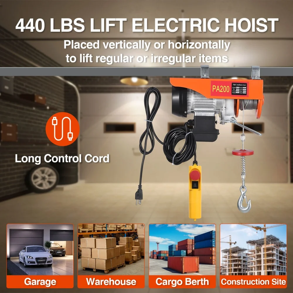 440 Lbs Electric Hoist Double Slings Engine Lift Electric Hoist Crane 480W 110V Electric Steel Wire Winch for Warehouses Factory