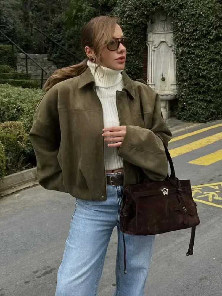 

Casual Women Lapel Suede Jacket Fashion Long Sleeve Zipper Loose Short Coat 2025 Spring New Commute Office Bomber Lady Outerwear