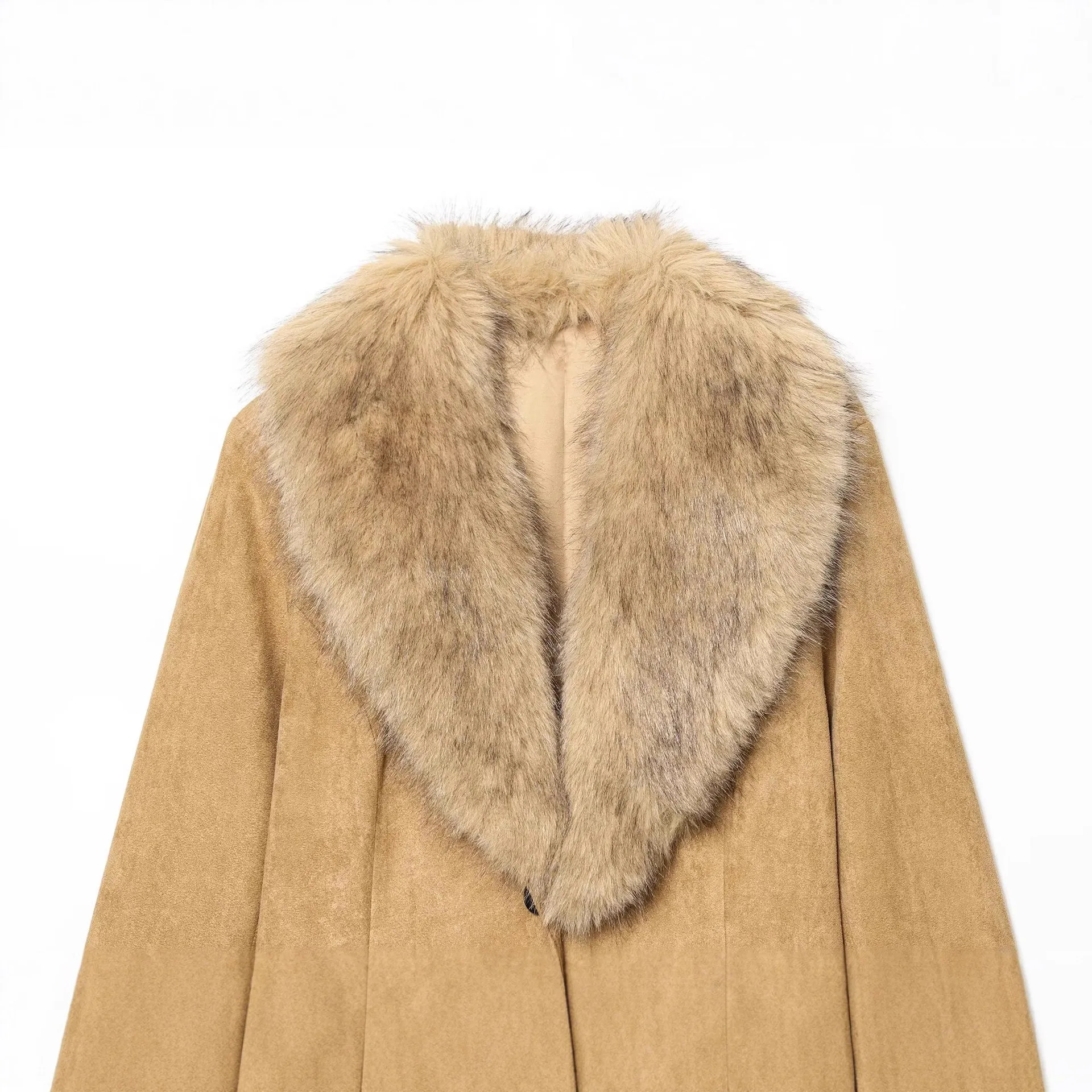 KIDCRKJ Donna Primavera Elegante Cappotto di Pelle Scamosciata Cachi Collo di Pelliccia Grande Giacca di Pelliccia Integrata per Lady Temperamento Chic Capispalla Femminile