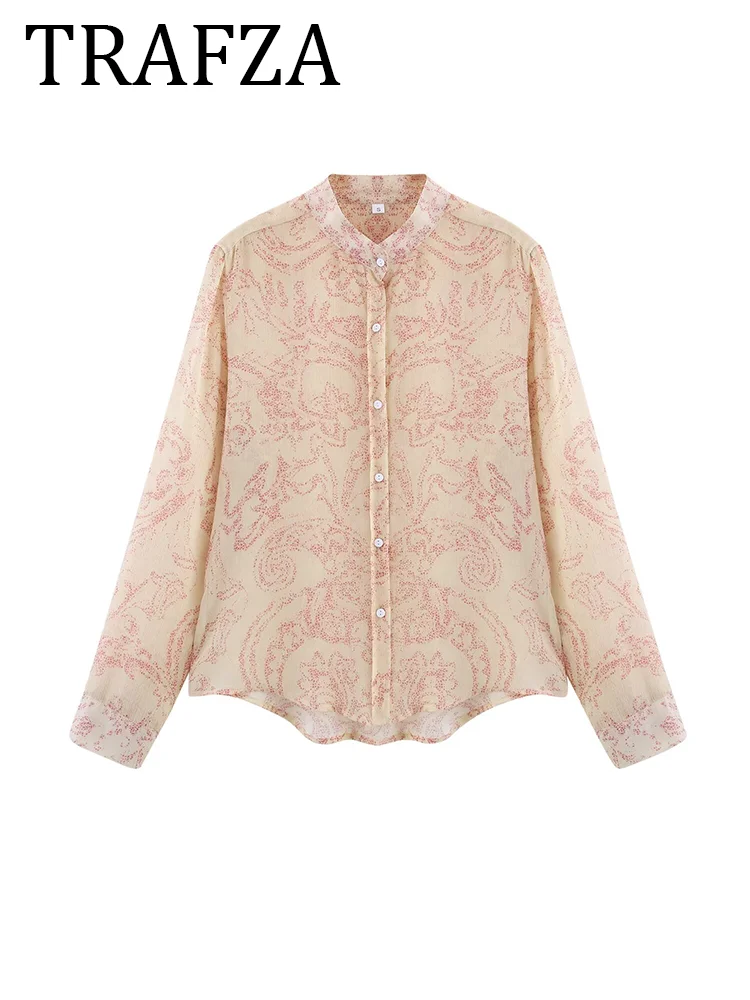 

TRAFZA Women's Print Blouse 2025 Summer New Fashion O Neck Long Sleeve Loose Shirt Elegant Lady Casual Beach Translucent Shirt T