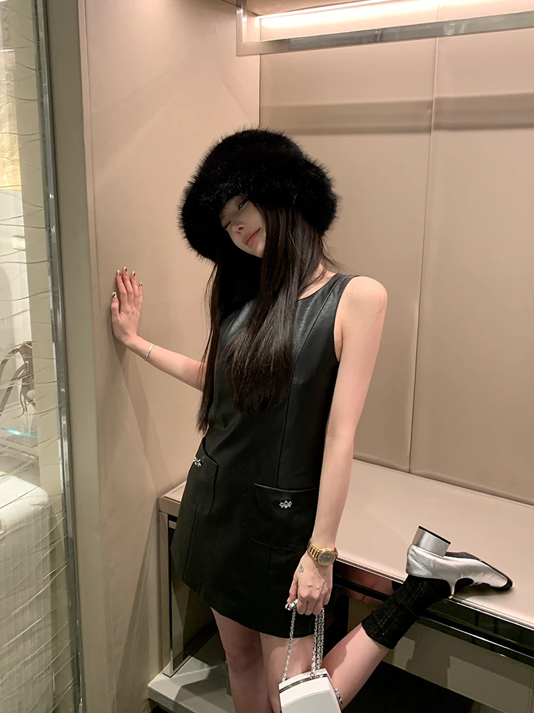 

Sister Titi Matte Bla PU Leather Vest Dr Autumn Winter Slimming A-Line Skirt Casual Sle No Sve round Ne Daily Wear