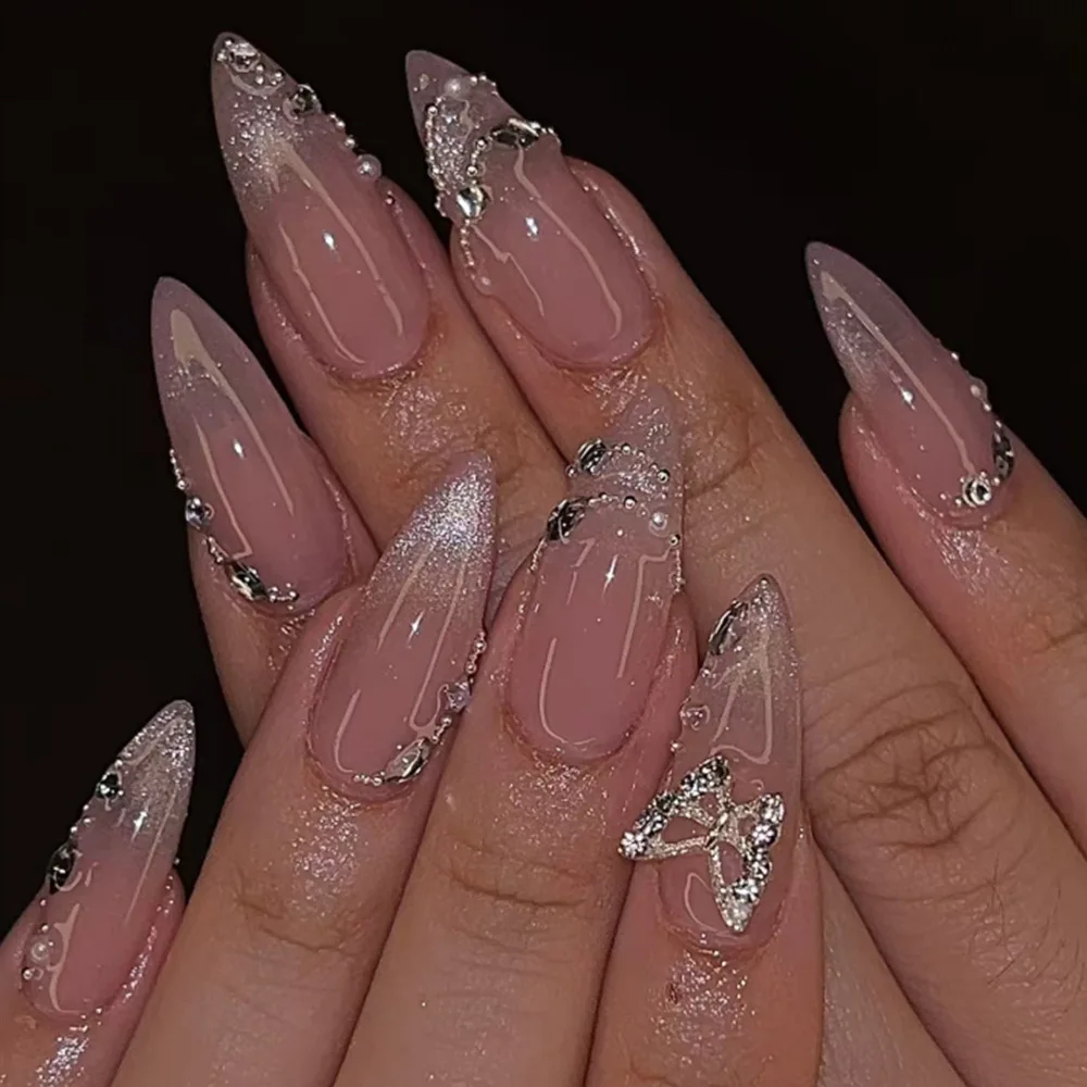 

24 Pcs Korean press on Nails with Tools Butterfly Cat Eye Fake Nails for Women Almond Artificial Nail Tips Prosthetic Nail Set