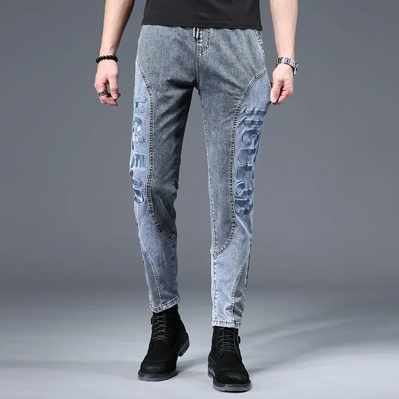 

Spring Autumn 2022 Casual Retro Drastring New Stitching Jeans Men's Gray Letter Embroidery Slim Elastic Slim Fit Men's Trousers