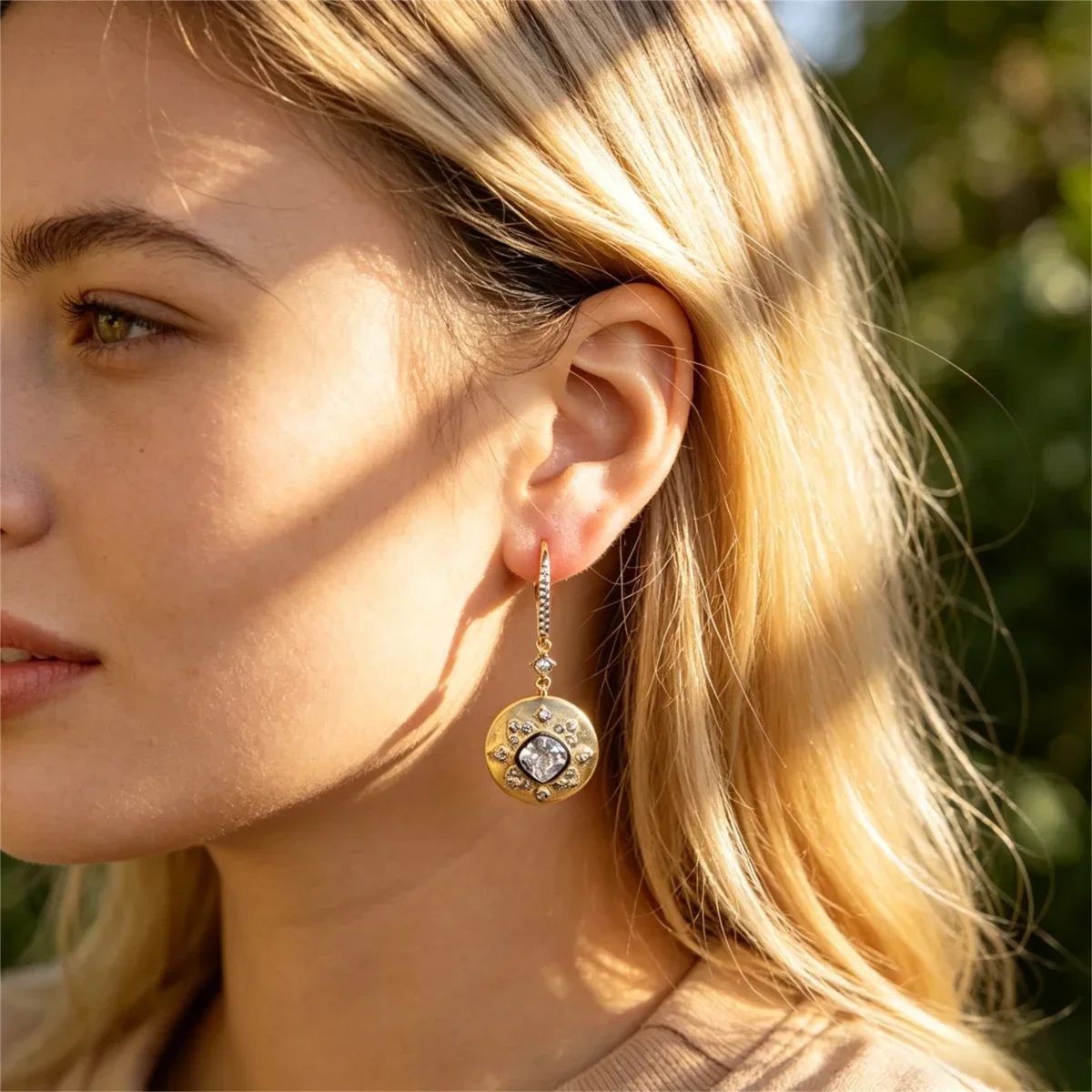 Elegant Vintage Drop Earrings for Women, Micro Pave Cubic Zirconia Gold Tone Round Pendant Earrings, Dangle Party Jewelry