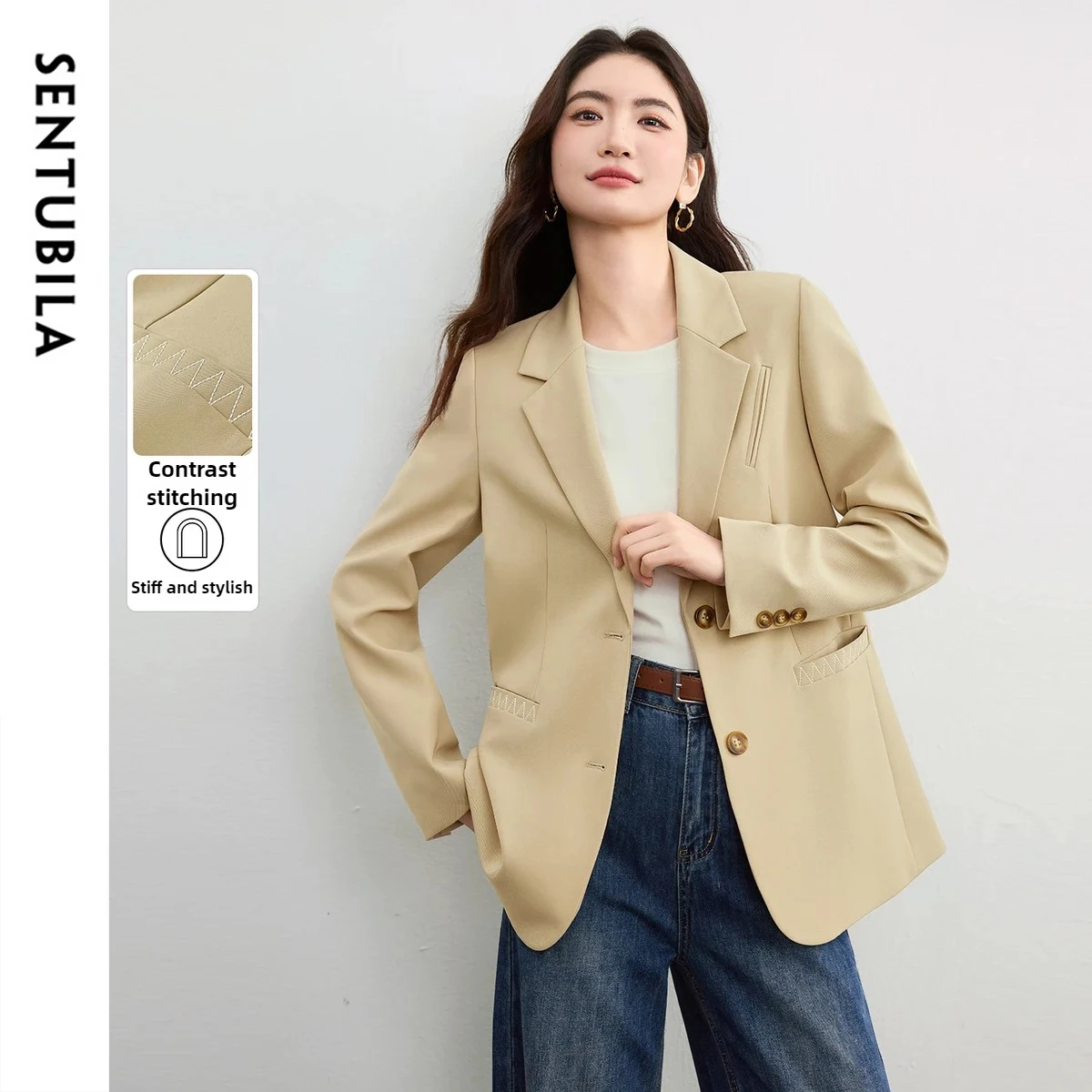 

SENTUBILA Women's Long Sleeve Blazer 2025 Autumn Contrast Stitching Detail Shoulder Pads Temperament Commuter Coat 153XC2923