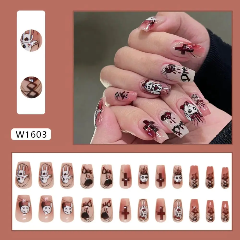 24pcs False Nails Cartoon French Ballerina Nails Art Press on Nails Halloween Fake Nails DIY Manicure Detachable Nail Tip