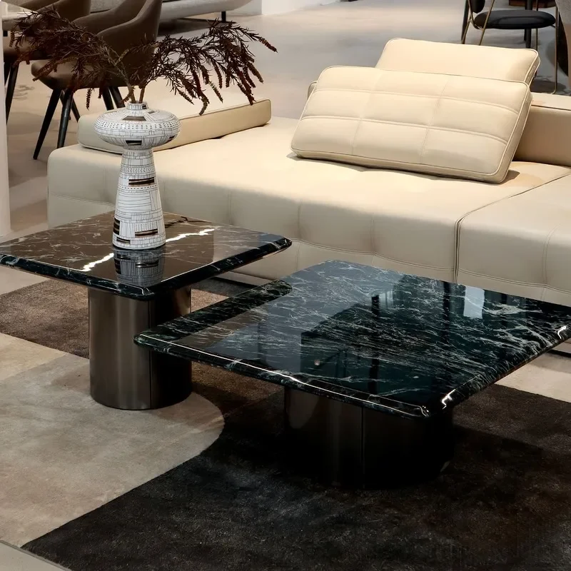 H80 Italian Luxury Green Marble Coffee Table Modern Minimalist Design High Low Square Nesting Tables Set