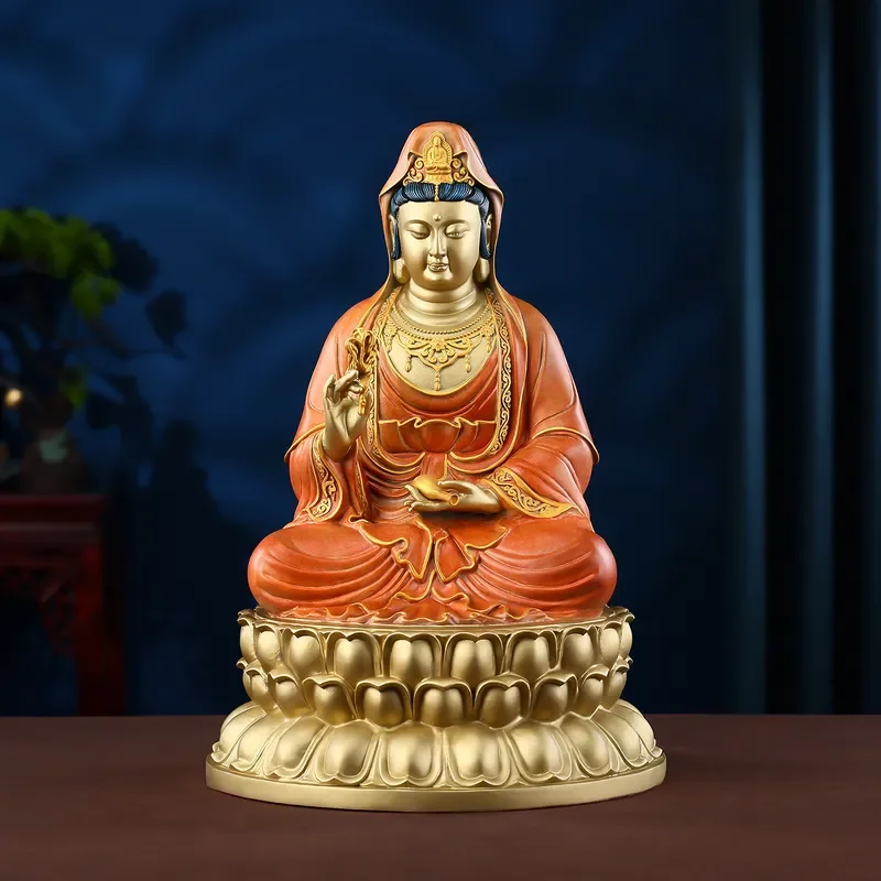 Hot-selling, colored copper Guanyin Bodhisattva sitting statue home, living room, temple, worshiping lotus Guanyin bronze