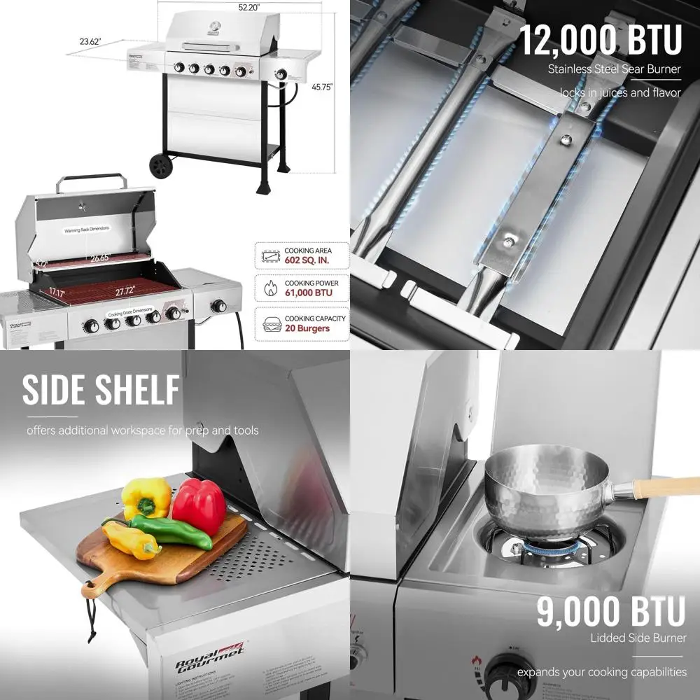

5-Burner Propane Gas Grill with Side and Sear Burners, 61,000 BTU Stainless Steel BBQ Grill for Outdoor Cooking, Silver