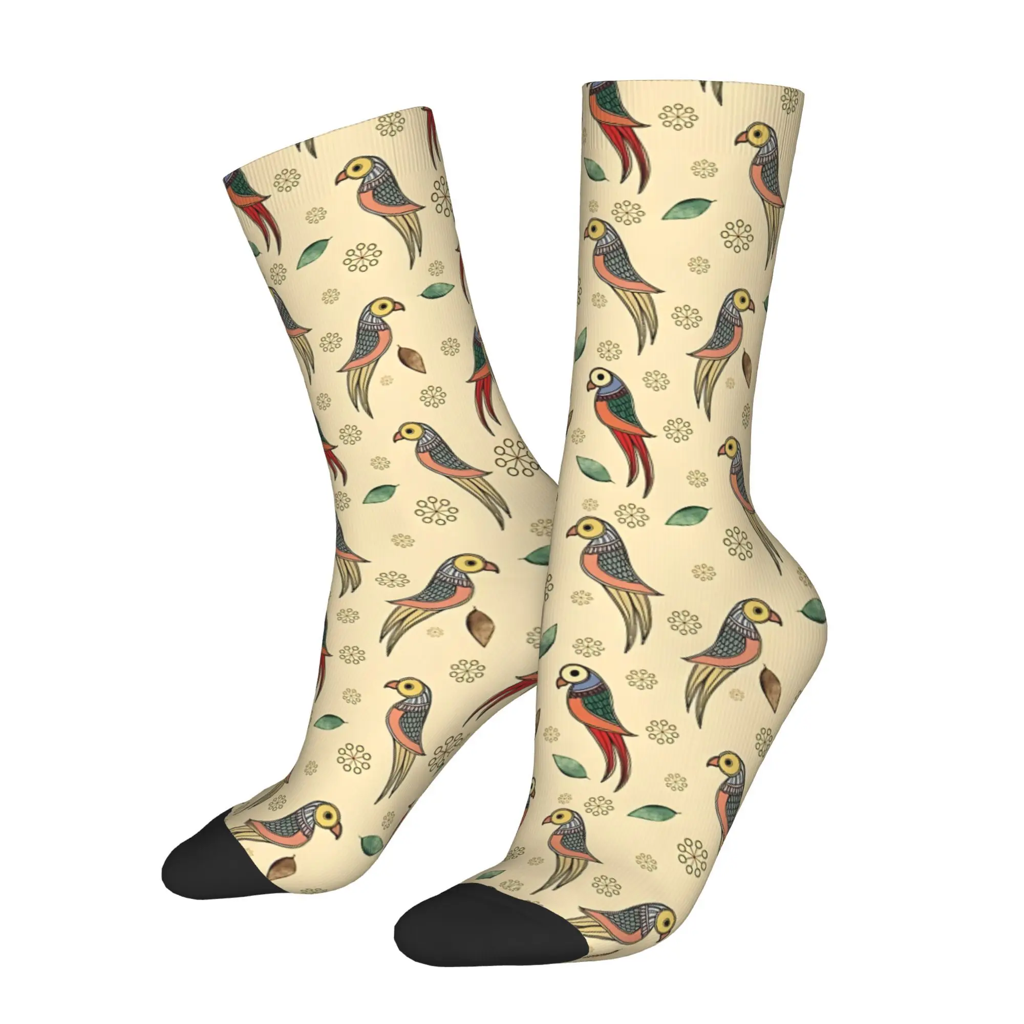 1pc Indian Folk Birds  On Peach Background Printed Men's Socks  Novelty Hip Hop Harajuku Pattern Crew Sock Casual Gift