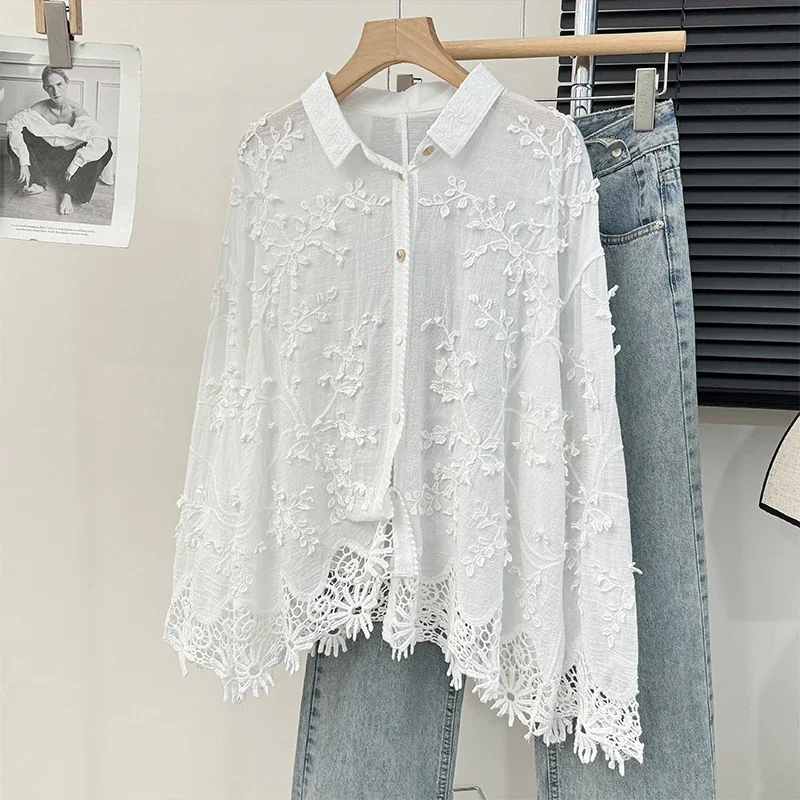 Embroidery Stereo Jacquard Gentle Blouses Single-breasted Lace Patchwork Age Reducing Blusas 2025 Spring Autumn New Chic Shirts