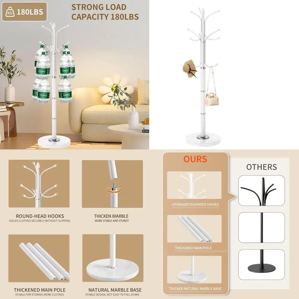 

Contemporary Marble Base Coat Rack with 12 Hooks for Home and Office Entryways