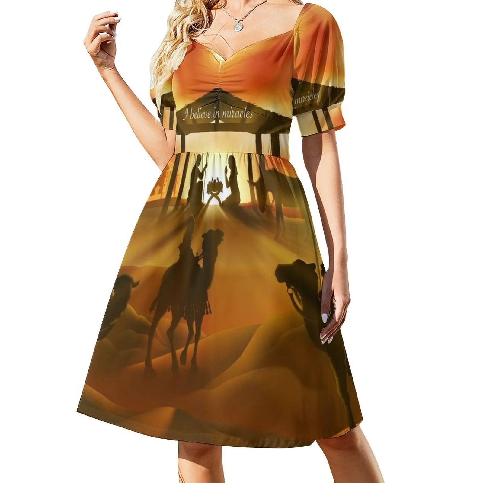 I believe in Miracles — ChristmasNativity Orange effect Sleeveless Dress Long veiled dresses Casual dresses