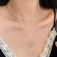 Vintage Silver Color Double Layered Bow Pendant  Necklace For Women Simple Crystal Heart Ribbon Clavicle Chain Necklace Jewelry