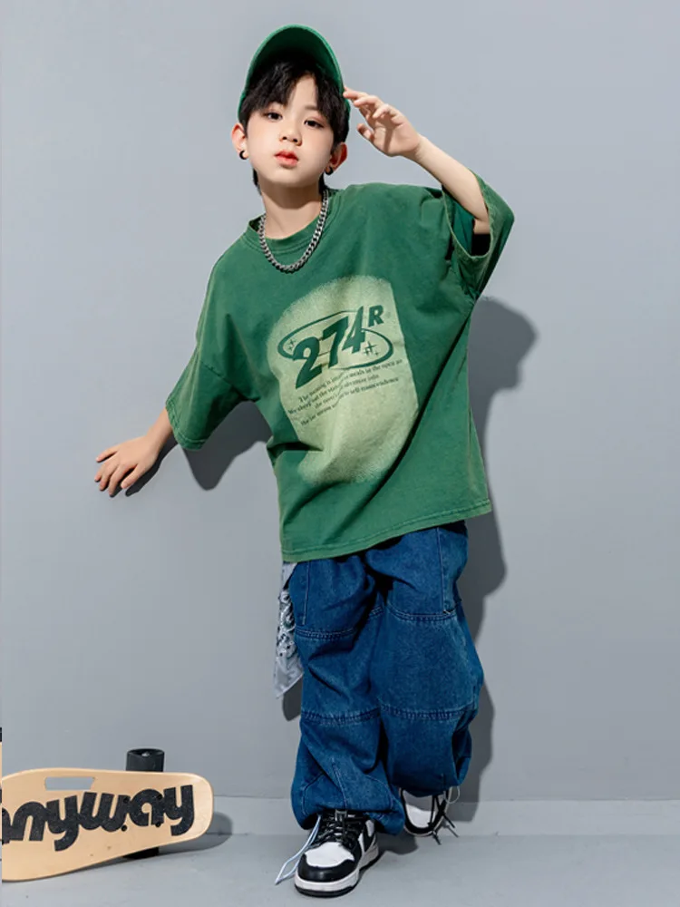 New Fashion Summer Child Dance Wear Hip Hop Costumes 4 Girls Boys Jazz T Shirt Denim Pants Modern Show Ballroom Dancing Clothes